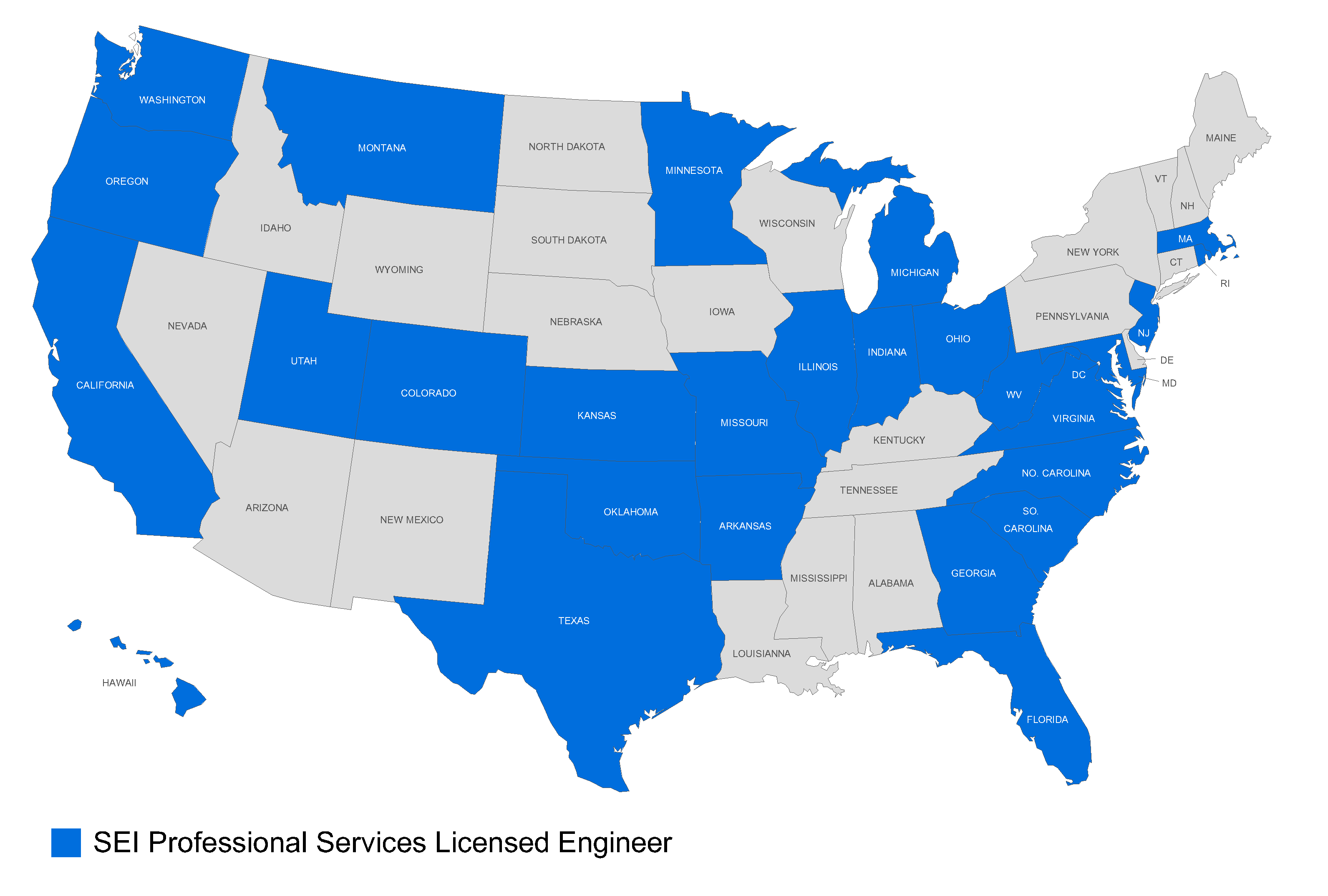 Map showing states in the United States where SEI Engineering is licensed